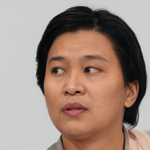 Neutral asian adult female with medium  black hair and brown eyes