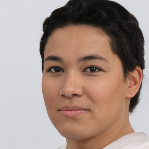 Joyful asian young-adult female with short  brown hair and brown eyes