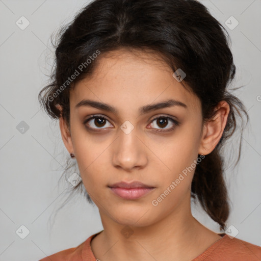 Neutral latino young-adult female with medium  brown hair and brown eyes