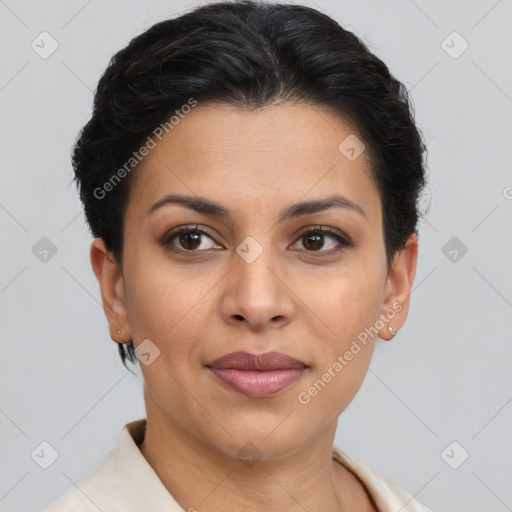 Joyful latino young-adult female with short  brown hair and brown eyes