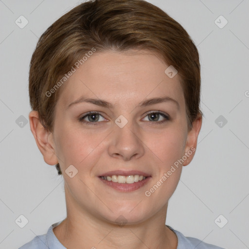 Joyful white young-adult female with short  brown hair and grey eyes