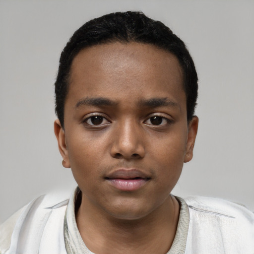 Neutral black young-adult male with short  black hair and brown eyes