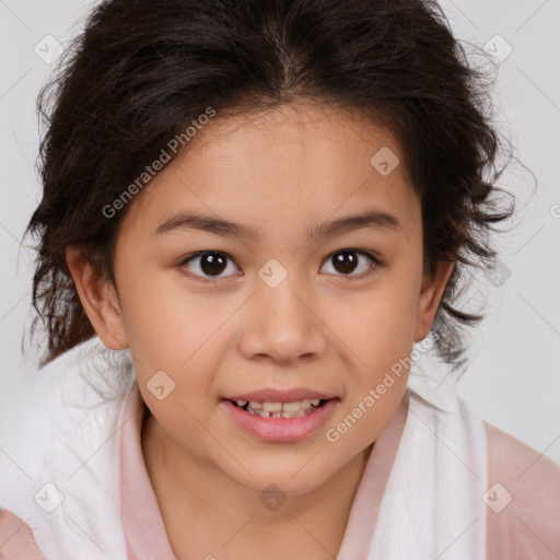 Joyful white child female with medium  brown hair and brown eyes