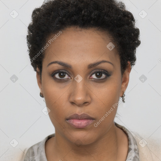 Neutral black young-adult female with short  black hair and brown eyes