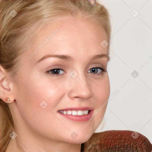 Joyful white young-adult female with medium  brown hair and blue eyes