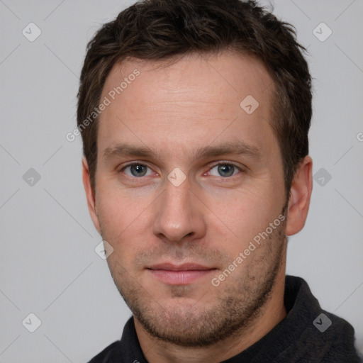 Neutral white young-adult male with short  brown hair and grey eyes