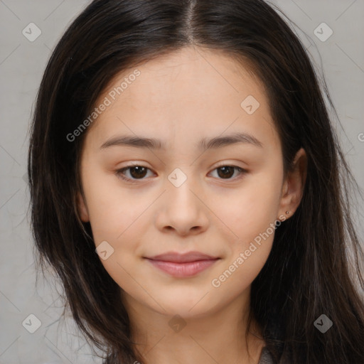 Joyful asian young-adult female with long  brown hair and brown eyes