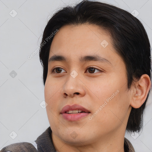 Joyful white young-adult male with medium  brown hair and brown eyes