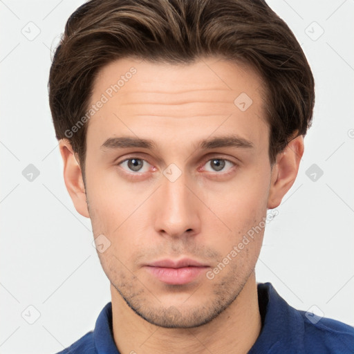 Neutral white young-adult male with short  brown hair and brown eyes