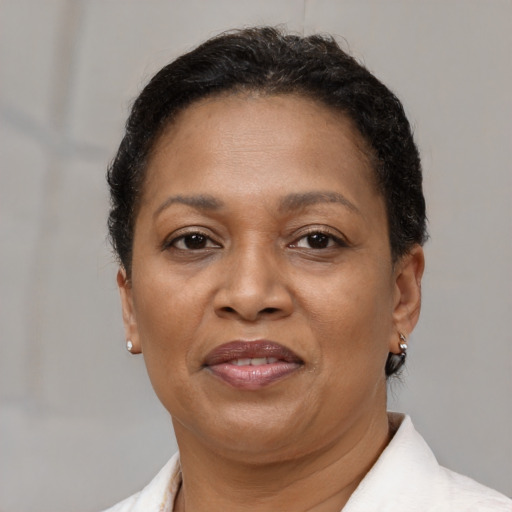 Joyful black adult female with short  brown hair and brown eyes