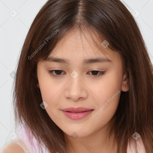 Joyful white child female with long  brown hair and brown eyes