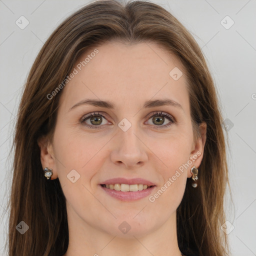 Joyful white young-adult female with long  brown hair and grey eyes