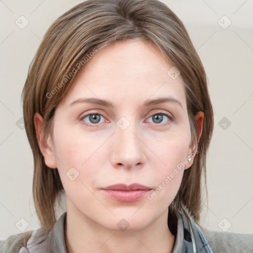 Neutral white young-adult female with medium  brown hair and blue eyes