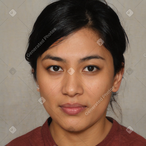 Joyful asian young-adult female with medium  black hair and brown eyes