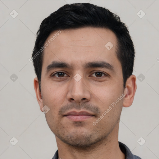 Neutral asian young-adult male with short  black hair and brown eyes