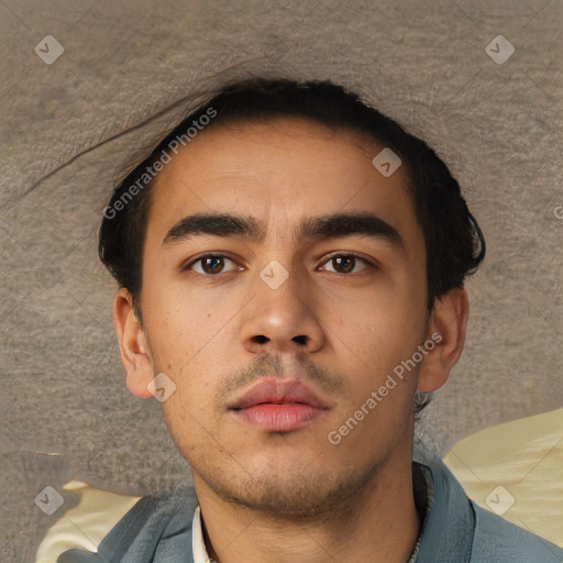 Neutral asian young-adult male with short  brown hair and brown eyes