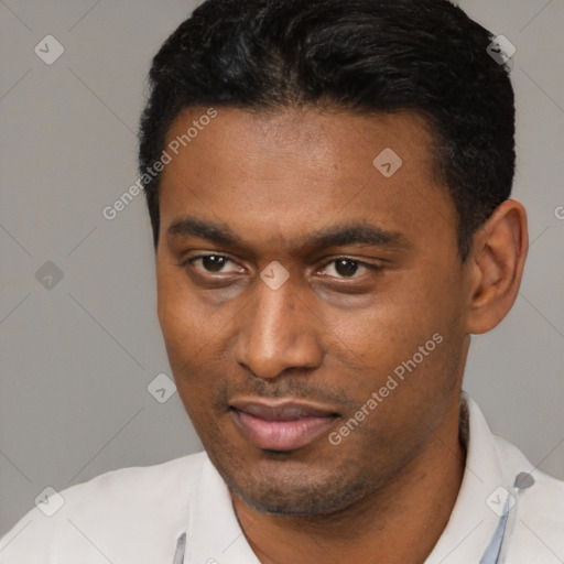 Joyful latino young-adult male with short  black hair and brown eyes