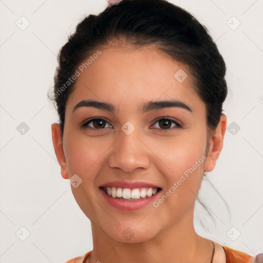 Joyful white young-adult female with short  black hair and brown eyes