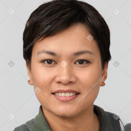 Joyful asian young-adult female with short  brown hair and brown eyes