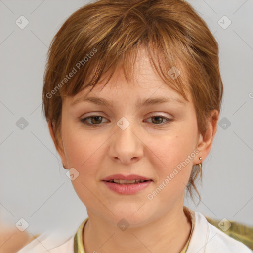 Joyful white young-adult female with medium  brown hair and brown eyes