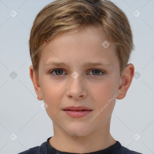 Joyful white child female with short  brown hair and brown eyes