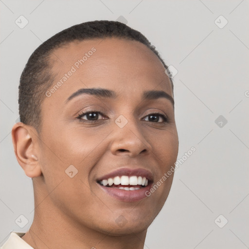 Joyful white young-adult female with short  brown hair and brown eyes