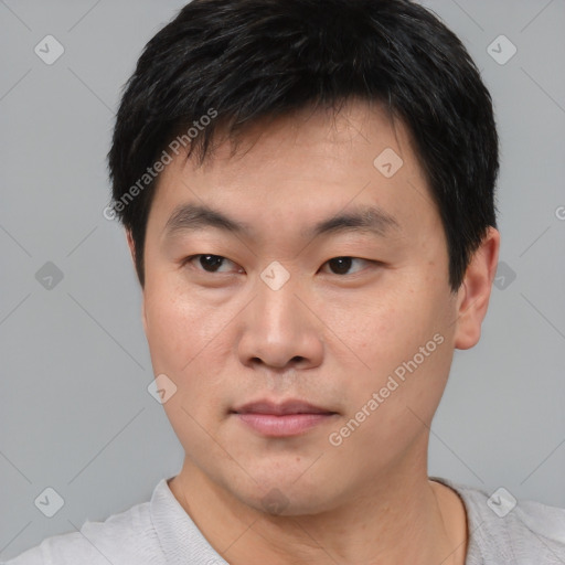 Neutral asian young-adult male with short  black hair and brown eyes