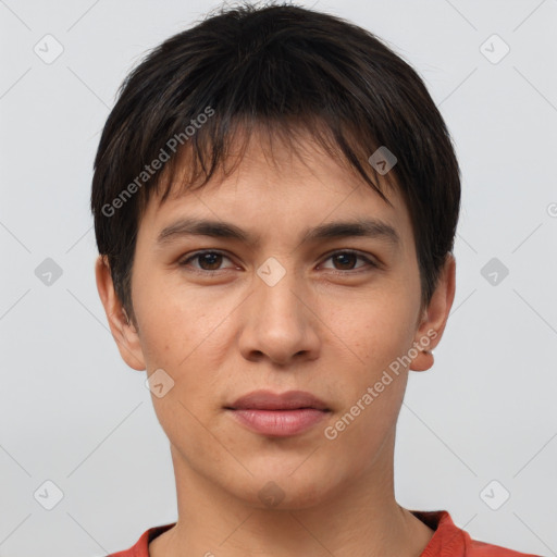 Neutral white young-adult male with short  brown hair and brown eyes