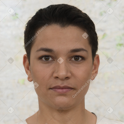 Joyful white young-adult female with short  brown hair and brown eyes