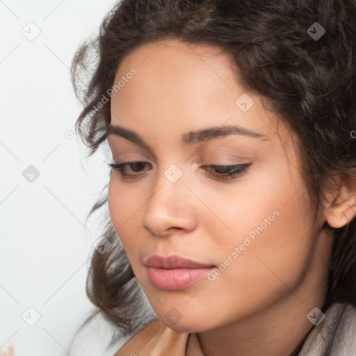 Neutral white young-adult female with medium  brown hair and brown eyes