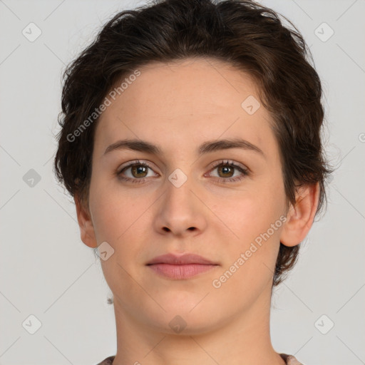 Neutral white young-adult female with short  brown hair and brown eyes