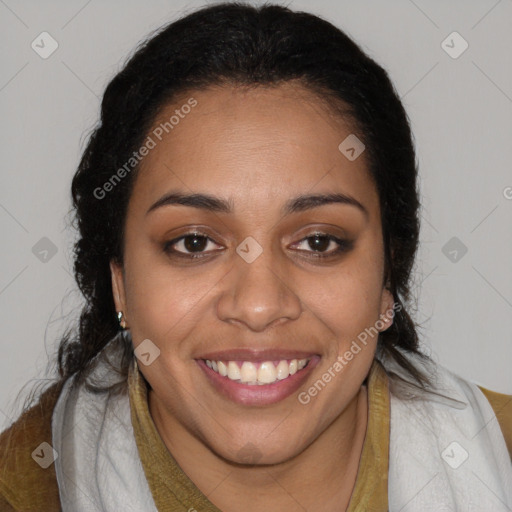 Joyful latino young-adult female with long  brown hair and brown eyes