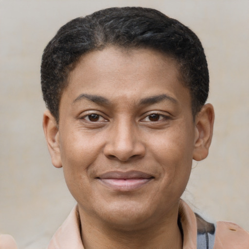 Joyful latino young-adult male with short  brown hair and brown eyes