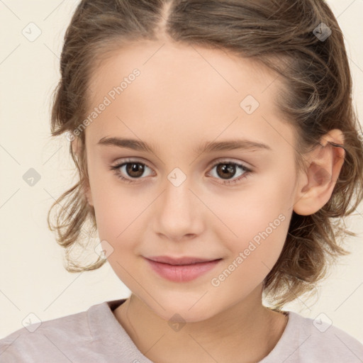 Joyful white child female with medium  brown hair and brown eyes