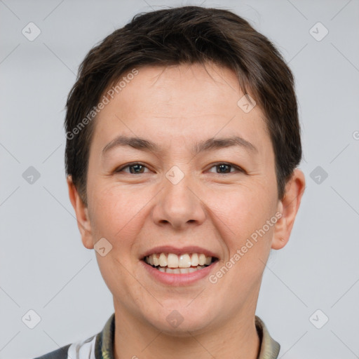 Joyful white young-adult female with short  brown hair and brown eyes