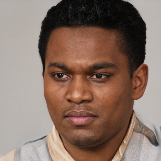 Neutral black young-adult male with short  black hair and brown eyes