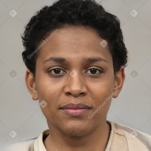Joyful black young-adult female with short  brown hair and brown eyes