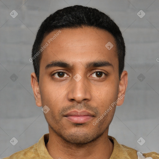 Neutral latino young-adult male with short  black hair and brown eyes