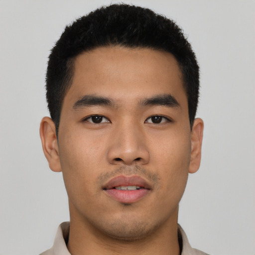 Neutral asian young-adult male with short  black hair and brown eyes