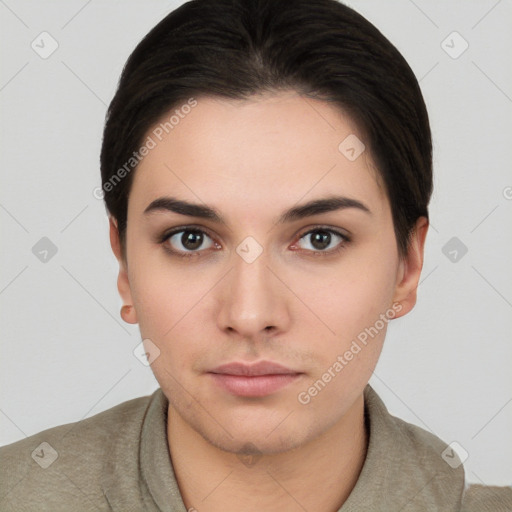 Neutral white young-adult female with short  brown hair and brown eyes