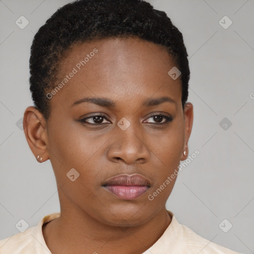Neutral black young-adult female with short  black hair and brown eyes