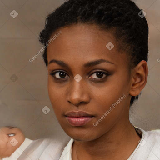 Neutral black young-adult female with short  brown hair and brown eyes