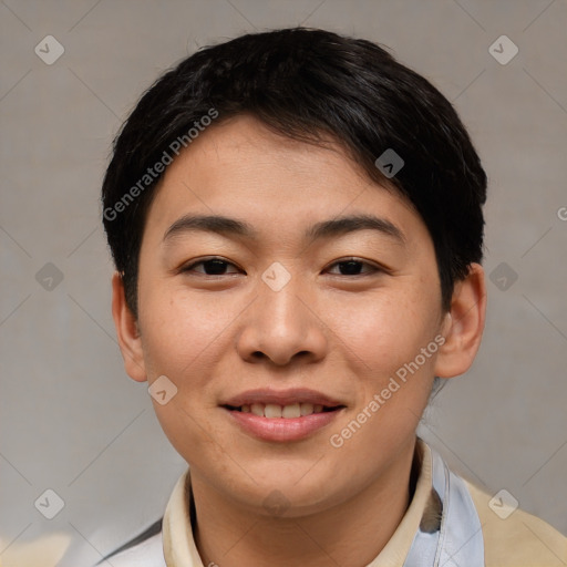 Joyful asian young-adult female with short  brown hair and brown eyes