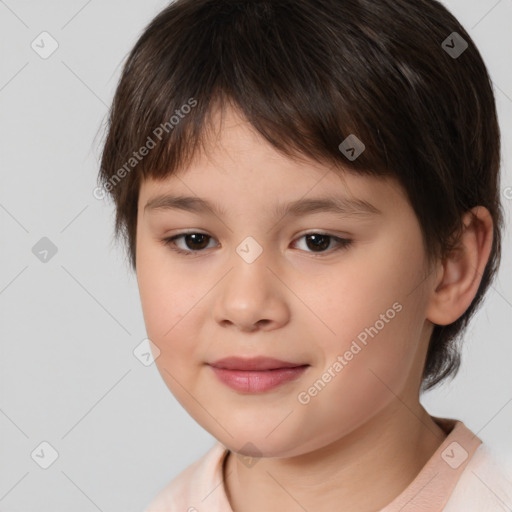 Joyful white child female with medium  brown hair and brown eyes