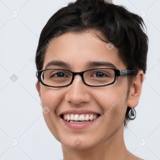 Joyful white young-adult female with short  brown hair and brown eyes