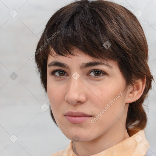 Neutral white young-adult female with medium  brown hair and brown eyes