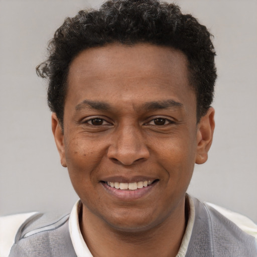 Joyful black young-adult male with short  brown hair and brown eyes