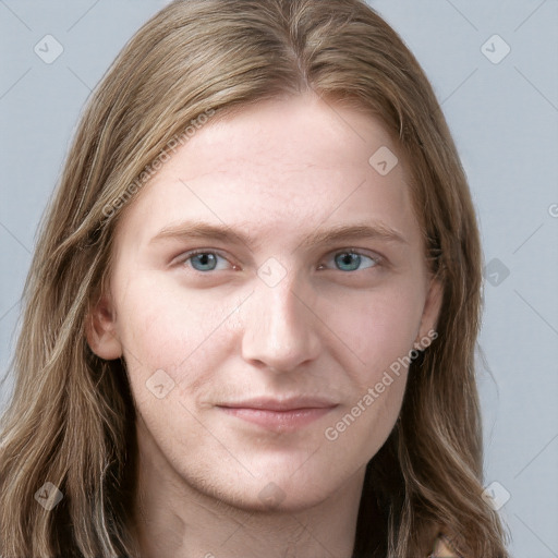 Joyful white young-adult female with long  brown hair and blue eyes