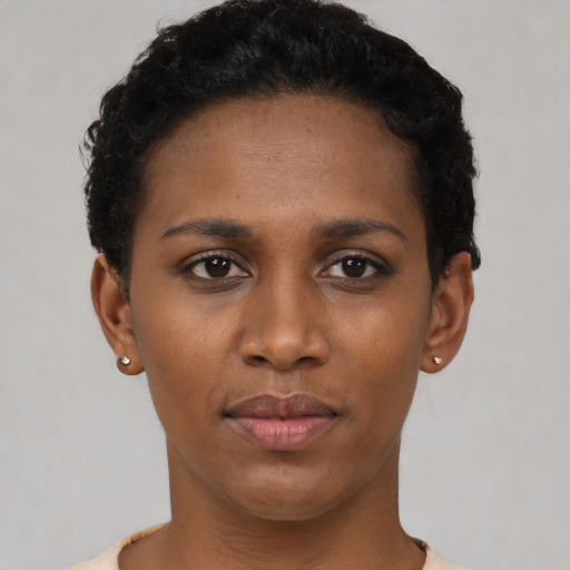 Neutral black young-adult female with short  black hair and brown eyes