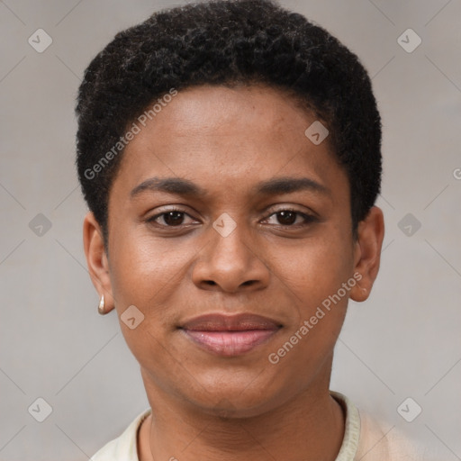 Joyful black young-adult female with short  brown hair and brown eyes